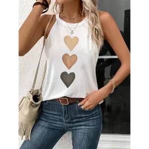 LUNE Heart Shaped Pattern Casual Sleeveless Top, Suitable For Summer, Slim Fit Women's Tank Top White Fabric