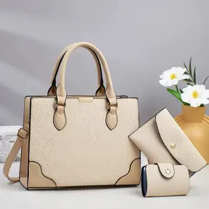 Beige Textured Satchel Handbag with Detachable Crossbody Strap and Matching Wallet Set for Everyday Use Classic Design