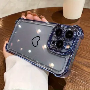 Heart Pattern Four Corner Anti-Fall Phone Case Transparent Electroplated Protective Cover for iPhone 16 Pro Max 15 Plus 14 13 12 11 E