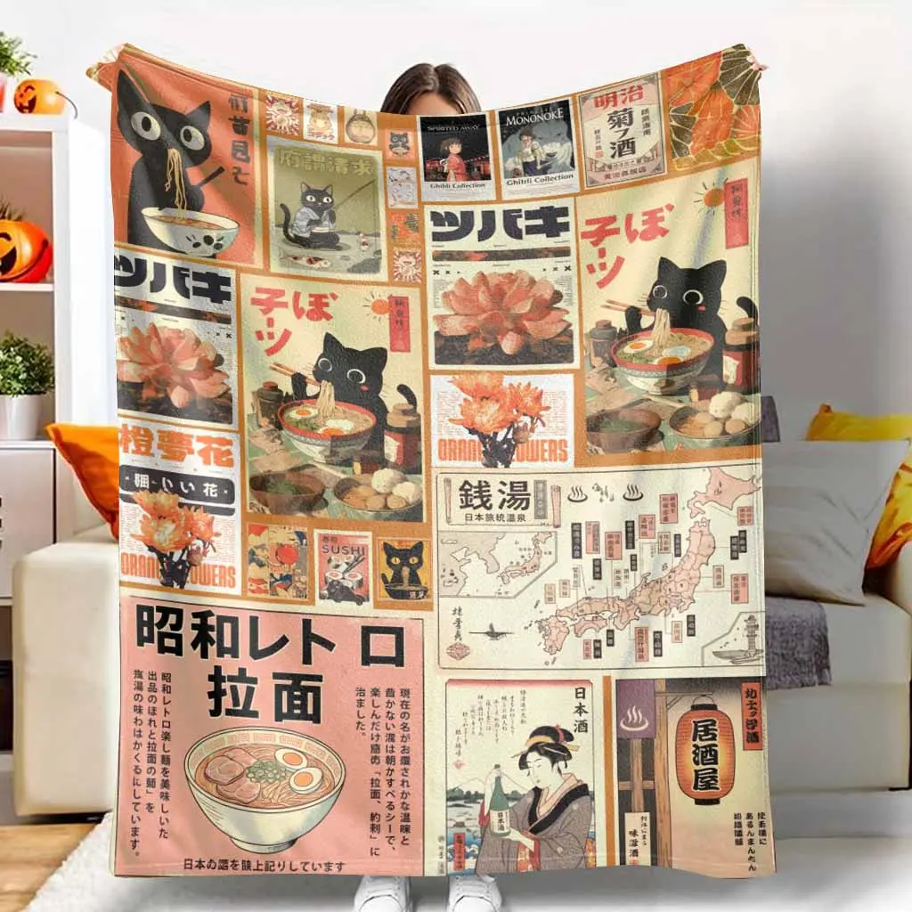 Showa Retro Ramen Cat Flannel Blanket - Japanese Noodle & Vintage Flower Print, Ramen Theme, Soft Touch, Anti-Pilling, Multi-Size, Durable Plush, Warm Cozy Throw for Home Decor, Indoor/Outdoor Use, Ideal Gift, Breathable