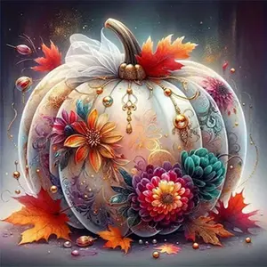 New DIY 5D Diamond Painting Kit, Pumpkin with Colorful Flowers, Full Drill Mosaic Art, Home Wall Decor Gift
