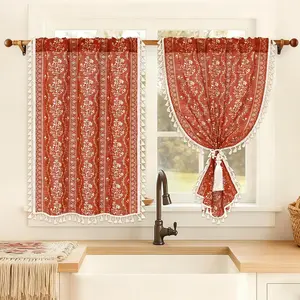 Boho Kitchen Curtains 36 Inch Length Vintage Linen Burnt Orange Cafe Curtains Light Filtering Floral Tier Rod Pocket Farmhouse Rustic Tassel Terracotta Small Drapes with Tiebacks 2 Panels