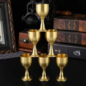 Set of Six Brass High Foot Wine Glasses, Hand Polished Mirror Finish, Solid Base, Retro Style, Perfect for Weddings & Dinners