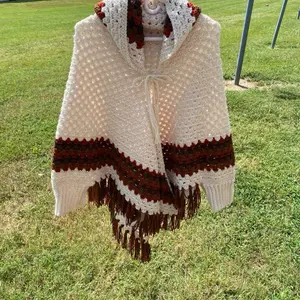Granny Hooded Poncho Vest with Fringe and Colorful Stripes for Cozy Outfits