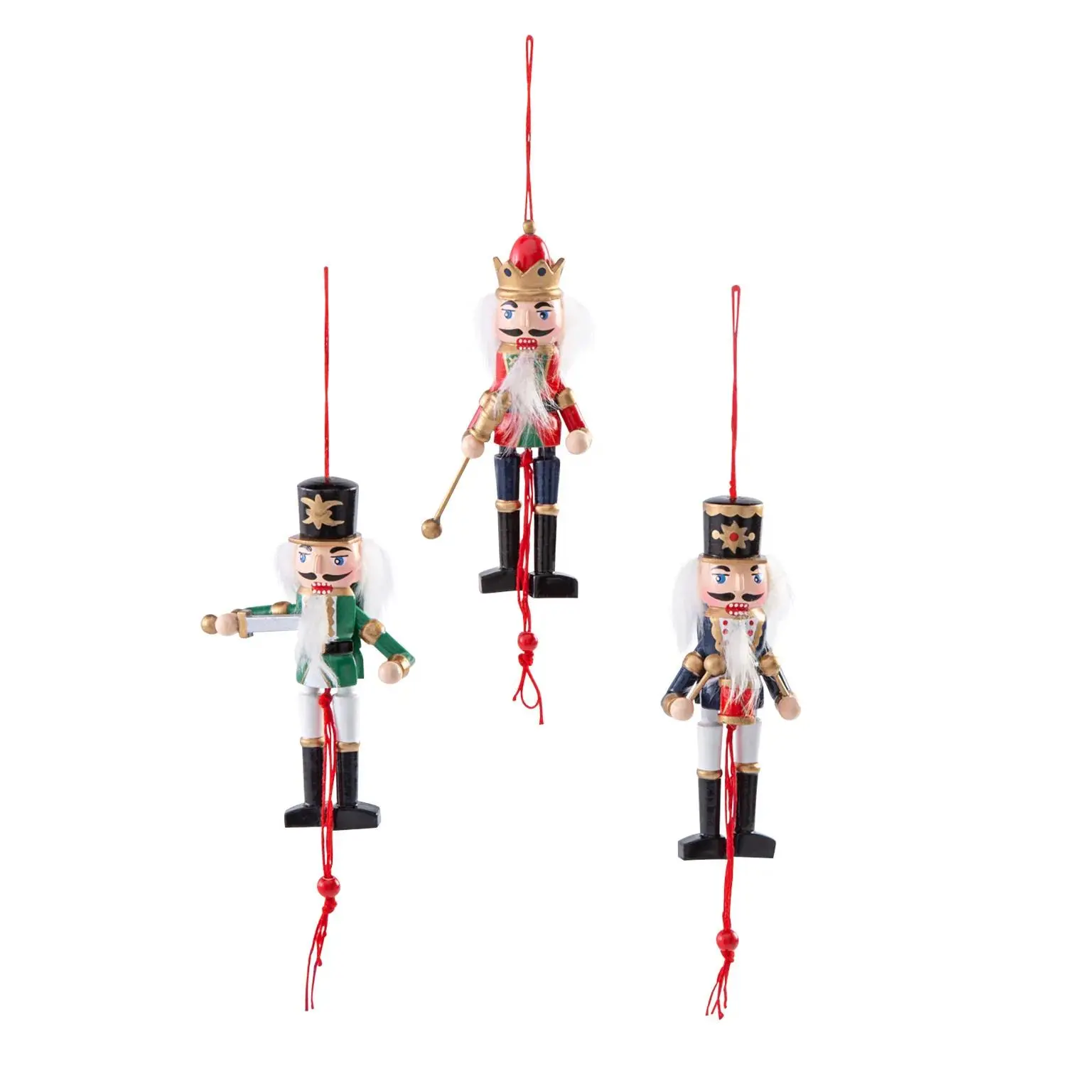 Classic Multicolor Dancing Nutcracker Figure Pull-String Wood Christmas Decor Ornaments - 6 Pc., Characters, Set