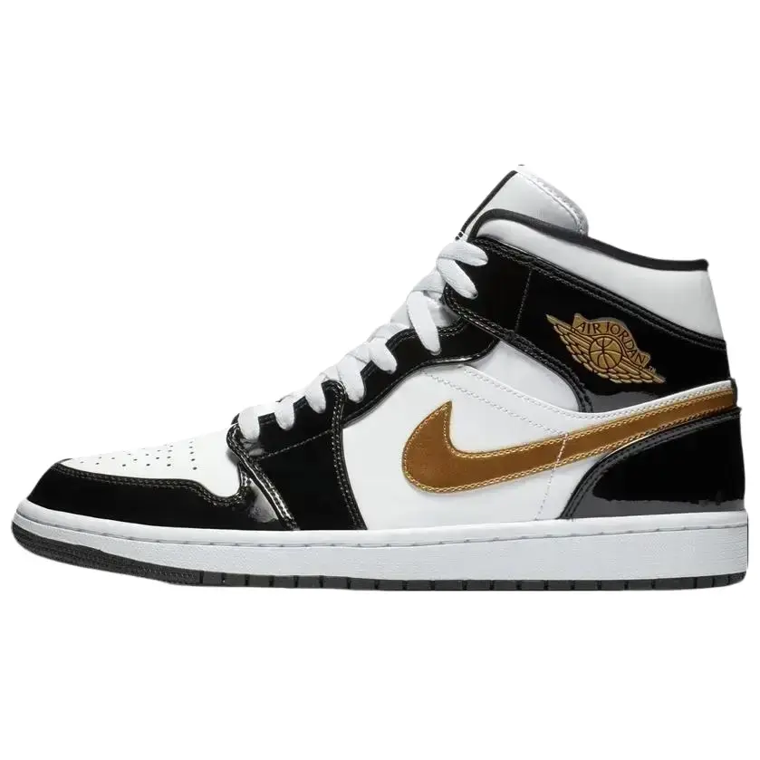 Nike Air Jordan 1 Mid Patent SE 'Black Gold' Men's Trending Sneakers - Glossy Black Patent Leather, Metallic Gold Branding, Rubber Sole, Lightweight, Luxurious Aesthetic, On and Off the Court Trainer Shoes