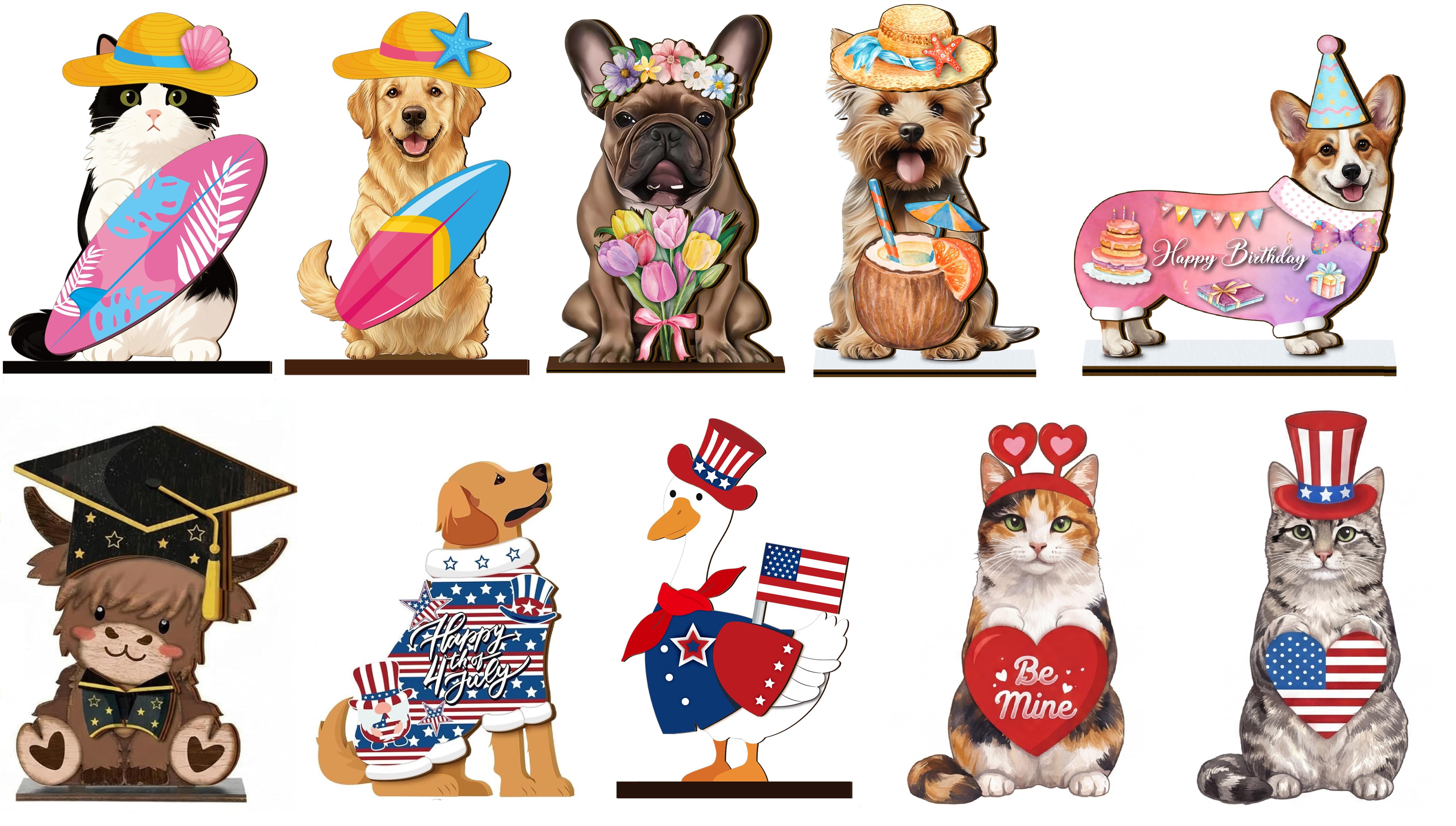 Cute Animals Sign Gift Cat Wooden Sign Desk Decor Golden Retriever Cat Labrador Dachshund Highland Cow Interchangeable Ornaments with Magnet Detachable Hats for Summer Holiday Seasonal Birthday Party, Gift for Pet Owning Families and Animal Lovers