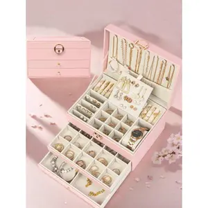 3-Layer Locking Large Capacity Jewelry Storage Box, Portable Jewelry Storage Box, Dresser Jewelry Storage Box With Drawer, Gift Leather Jewelry Box, Exquisite Display Packaging Storage Container, Bathroom Storage Box, Drawer Box Organiser Pink