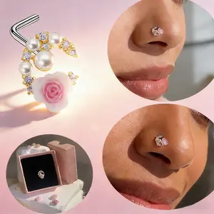 20G 7mm L-Shaped Nose Rings Red Diamond Nose Stud Unique C-Shaped Pink Rose & Pearl Long Nose Nose Piercing Jewelry,Perfect Women Gifts