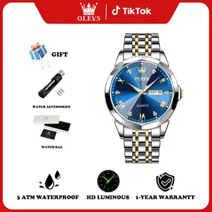 OLEVS Men's Stainless Steel Analog Quartz Watch Waterproof Luminous Date Display 3ATM Round Dial 41mm Gift for Him