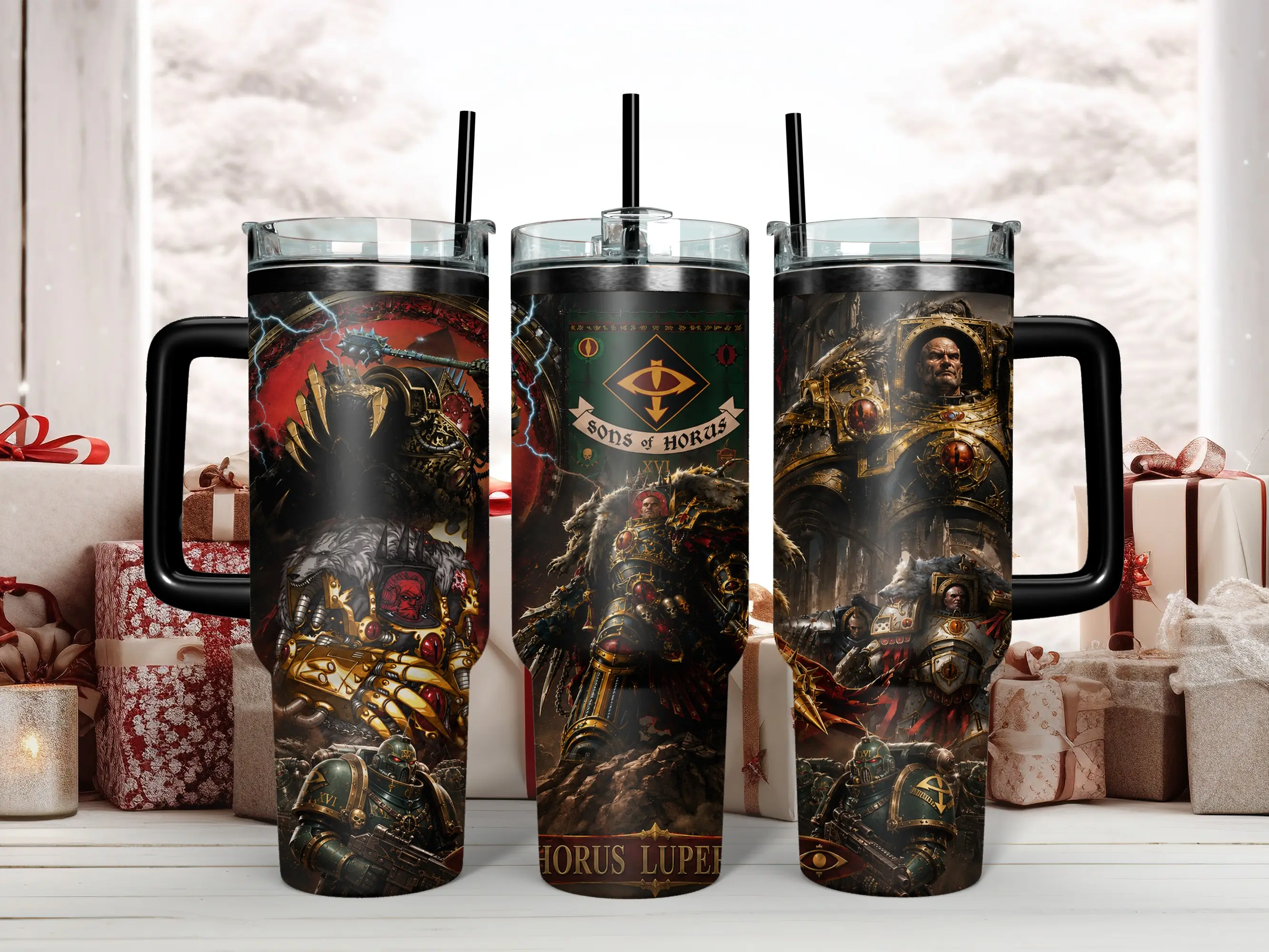 Warhammer 40K Horus Lupercal Warmaster of Chaos 40oz Insulated Stainless Steel Tumbler - Epic Sons of Horus Heresy Space Marine Art Travel Mug with Handle & Straw - Perfect Grimdark Gift for Tabletop Gamers