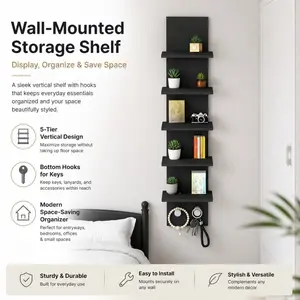 Modern Black Wall-Mounted Storage Shelf Floating Bookshelf Living Room and Entrance Hall, Ideal for Storing Books, Green Plants and Photos, Heavy-Duty Sturdy Structure,  Dual Function as Wall Decoration and Storage (Model DM148B with Hooks)
