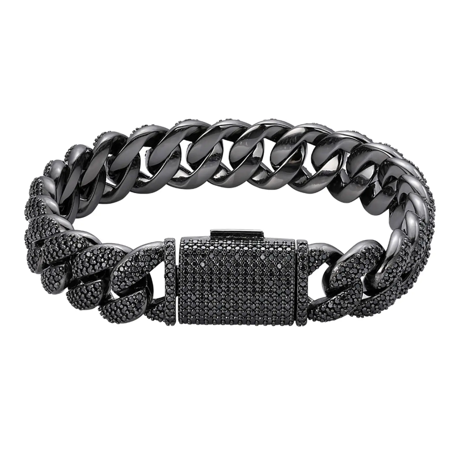 925 Silver 15mm Black Moissanite Miami Cuban 8.5" Men's Bracelet