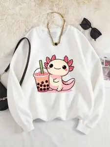 Girls' Mexican Axolotl Print Pullover Sweatshirt, Soft Polyester Casual Knit Long Sleeve Top for Fall and Winter, Ideal Birthday and School Gifts
