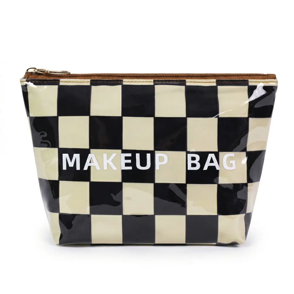 Trendy Black and White Checkerboard Makeup Bag Women's Waterproof Zipper Cosmetic Pouch Travel Storage Bag
