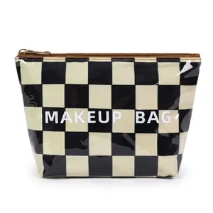 Trendy Black and White Checkerboard Makeup Bag Women's Waterproof Zipper Cosmetic Pouch Travel Storage Bag