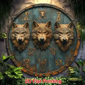 Aluminum Viking Shield Wall Art 8x8 Inch Norse Wolf and Rune Decor Durable Metal Sign for Home Office Man Cave Gift