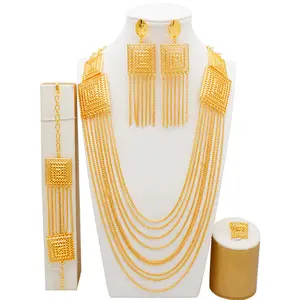 Luxury Dubai Jewelry Gold Plated Necklace Large Set Four-Piece Bridal Gold Bracelets Set