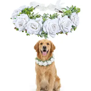 White Flower Wedding Collar for Dogs Cats Puppy Wreath Garland Pet Photo Prop for Dog Wedding Outfit