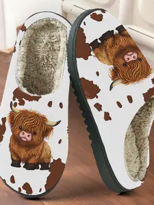 Cute Highland Milk Cow Pattern Cotton Fuzzy Warm Slippers, Soft Plush Lining Anti-Slip Thick Sole, Home Warm Shoes for Fall & Winter