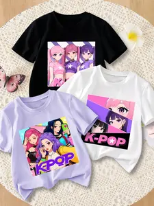Girls' Easter Limited Edition 3pc T-Shirts, Cute Heart Print, Star Idol, Dynamic Stage Girl, Sweet and Eye-Catching, Perfect for Holidays, Graphic Anime Tee