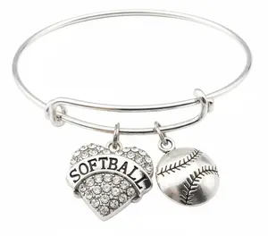 Softball Bracelet with Crystal Heart Charm - Adjustable Bangle Gift for Player or Coach