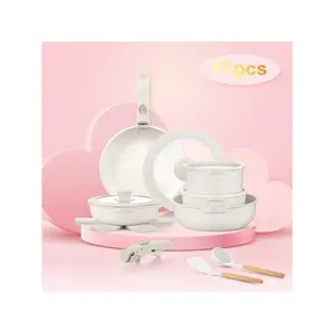 17pcs Pots And Pans Set With Detachable Handle, Nonstick Cookware Set With Removable Handle, Non Stick Pot And Pan Sets PFOA Free, Induction Cookware Set For Home Cooking, White/Green