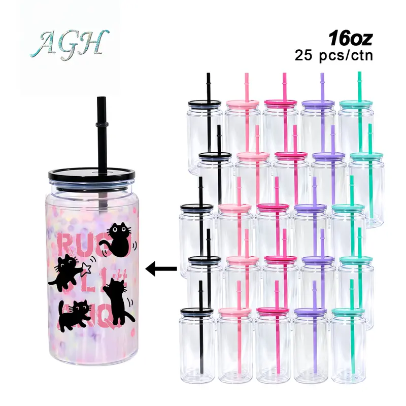 AGH 25pcs 16oz Snow Globe Plastic Acrylic Cup Can with Lid Double Wall Tumblers with Pre Drilled Hole Plugs DIY Gift Wholesale Water Bottle Portable