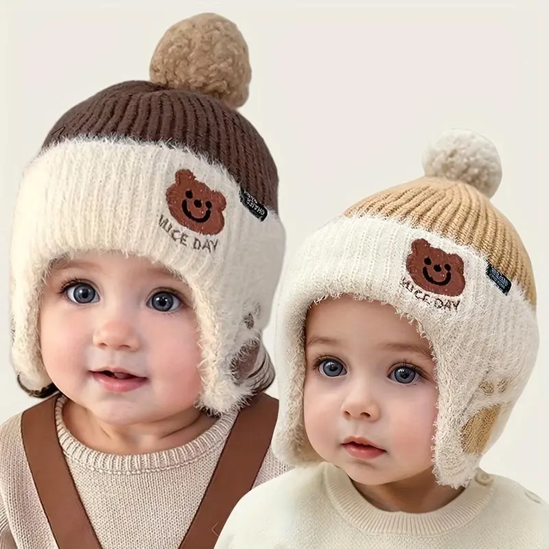 Unisex Toddler Knit Hat with Adorable Bear Ear Design, Plush Wool-Lined Winter Cap with Embroidered Face and Pom-Pom for Cold Weather, Adorable Design, Beanies, Embroidered Face Cut, Animals, 2 - 3 Years, Wool-Lined Warmth For Chilly Outings, Short Knit