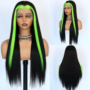 Women's Aodbar Green and Black Skunk Stripe Long Straight Synthetic Wig - Pre-Plucked Natural Hairline, Heat-Resistant Fiber, Glueless, Green Highlights, Ideal for Daily Use, Shego Cosplay