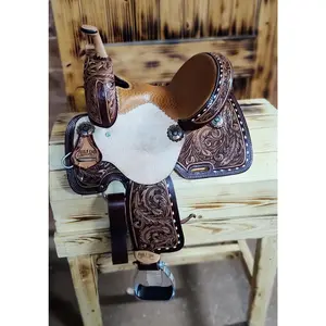FEATHER TOOLED WHITE BUCKSTITCH TRAILS END SADDLERY BARREL SADDLE