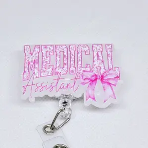 Medical Assistant Cute Pink and White Bow Acrylic Retractable ID Belt or Alligator Clip, Colorful Coquette Retractable Clip for Hospital Workers