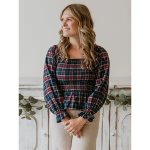 Women's Peplum Blouse - Navy Midnight Plaid