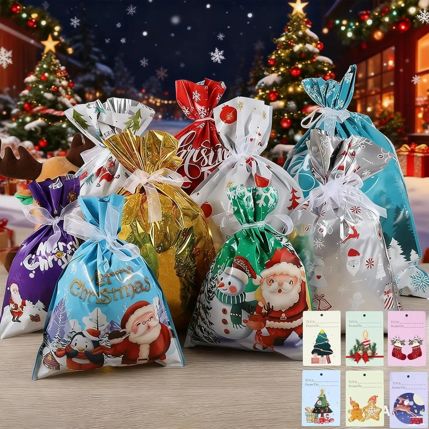 18 Pcs Christmas Bags, Christmas Candy Bags, Tie String Structure, Quality Materials Ensuring Long-Lasting Use, Festive Atmosphere, Multicolored Bundle Pocket, Suitable for Holiday Parties