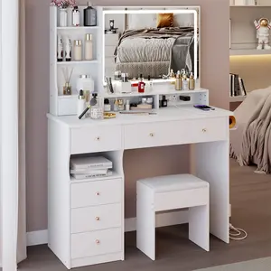 41" Vanity Table+Cushioned Stool, Large Size Dresser Set with 2 AC+2 USB Power Station, Hair Dryer Stand, Extra Large Touch Control LED Mirror, 3-color Switch, EPA, GCC, UL Certificate