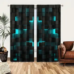 2pcs Window Curtains, An abstract wall of dark, textured cubes with recessed sections glowing bright cyan, forming a central, symmetrical cross pattern.Window Drapes for Bedroom Living Room, Rod Pocket Window Treatment