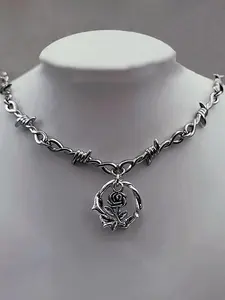 Gothic Thorn Rose Pendant Chain Necklace, Chunky Chain Necklace, Vintage Punk Unisex Design, Creative Party Personalized Jewelry, Fashion Accessory, Exquisite Chain Jewelry