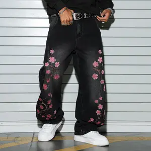 Men’s slim straight jeans, flared jeans, jeans embroidered with plum blossom pattern, summer style, casual style, stretchy and comfortable, urban fashion style, retro trend, street style, suitable for all seasons