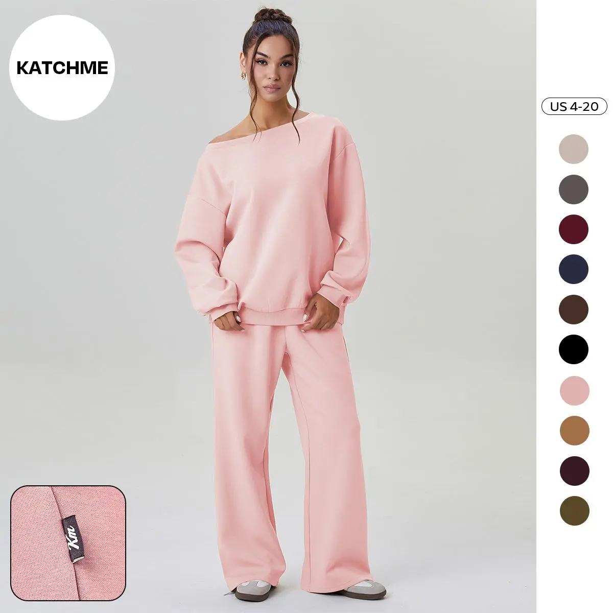 KatchMe Women's Leisure Solid Color Sloping Shoulder Long Sleeve Top & Wide Leg Trousers Co-ord, Cozy Scoop Neck Loose Two Piece Outfits, Basic Womenswear(T)