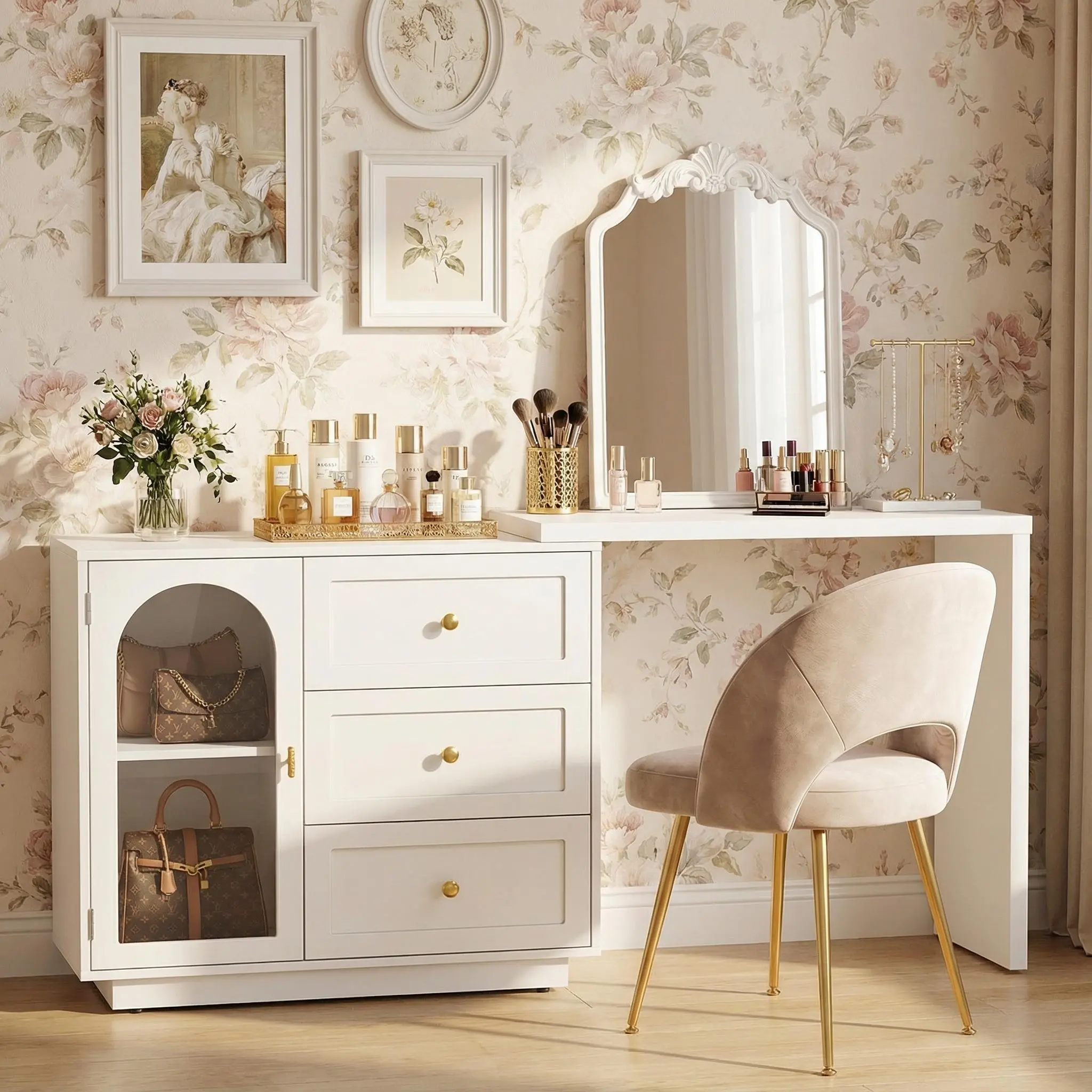 bustle dress VICTONE Vanity Desk with LED Lighted Mirror&Power Outlet, 3 Model Ligh –  WoodArtSupply main image 1