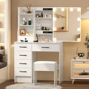 Vanity Desk with LED Lighted & Sliding Mirror, 3 Lighting Colors Makeup Vanity Desk with 5 Drawers and 3 Storage Shelves, White Vanity table with Padded Chair for Bedroom girl gift