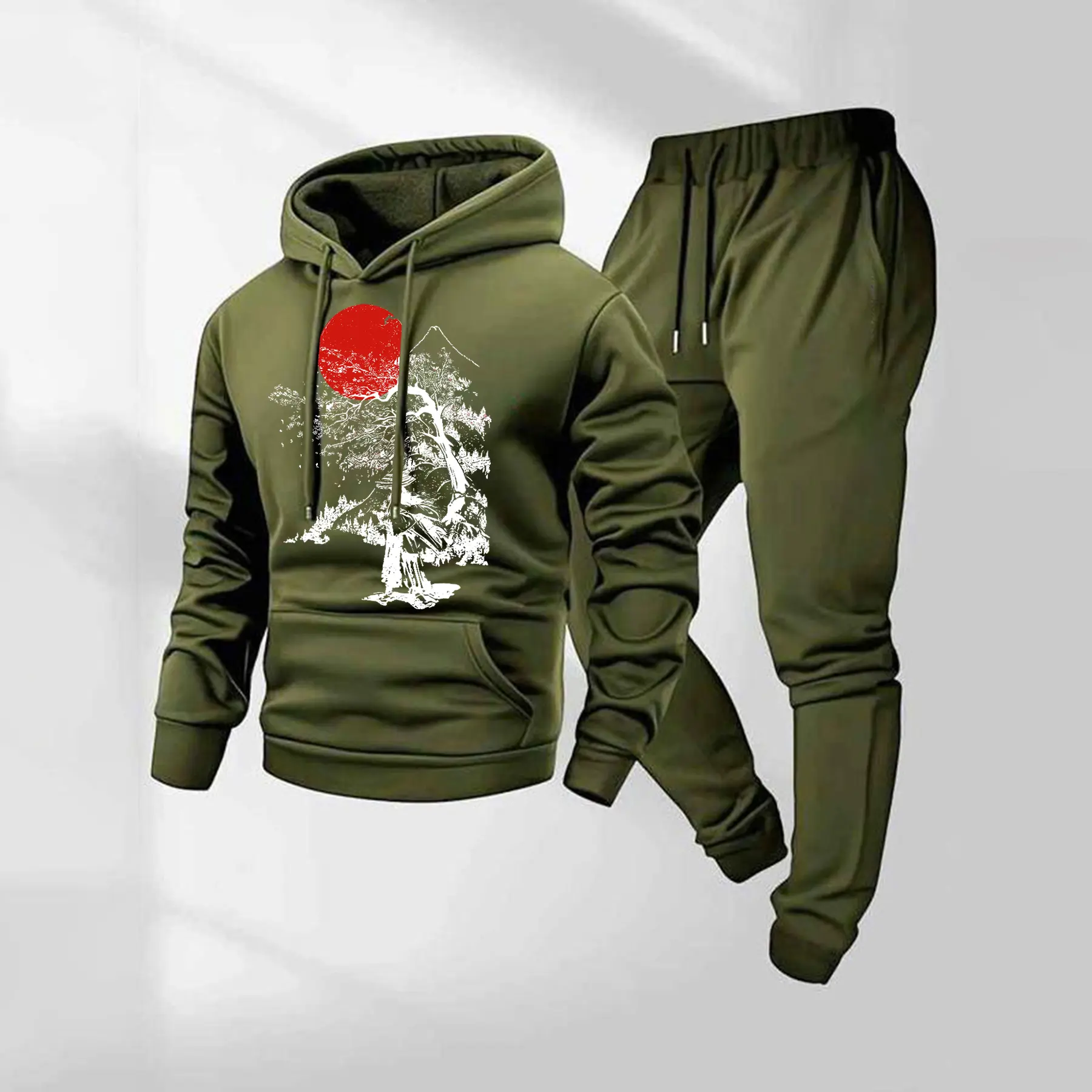 Men's Japanese Culture Pattern Print Hoodie and Drawstring Sweatpants Set, Menswear, Casual Athletic Long Sleeve Hooded Jacket & Trousers for Fall & Winter, Men's Clothing for Daily Wear, Sportswear Indoor Outdoor, Tracksuit, Athleisure