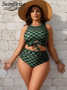 Briza｜High Neck Tie Front Green Black Checkered Bikini With High Waisted Bikini Sets For Plus Size Swimsuits, Swimsuits 2 Piece Bathing Suits 2 Piece Set And Two-Piece Swimsuit Bathing Suit Women Set With Tummy Control Swimwear For Vacation