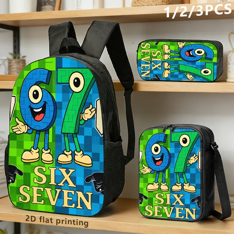 Cute 3pcs Number 6 & 7 Pixel Cartoon Print Backpack Set, Back to School Haul First Day of School Gear - Oxford Cloth Adjustable Sizing Backpack + Lunch Bag + Pencil Case for Kids, 3Pcs Set, Daypack, Adjustable Strap, Numbers Print, 3 In 1 Backpacks