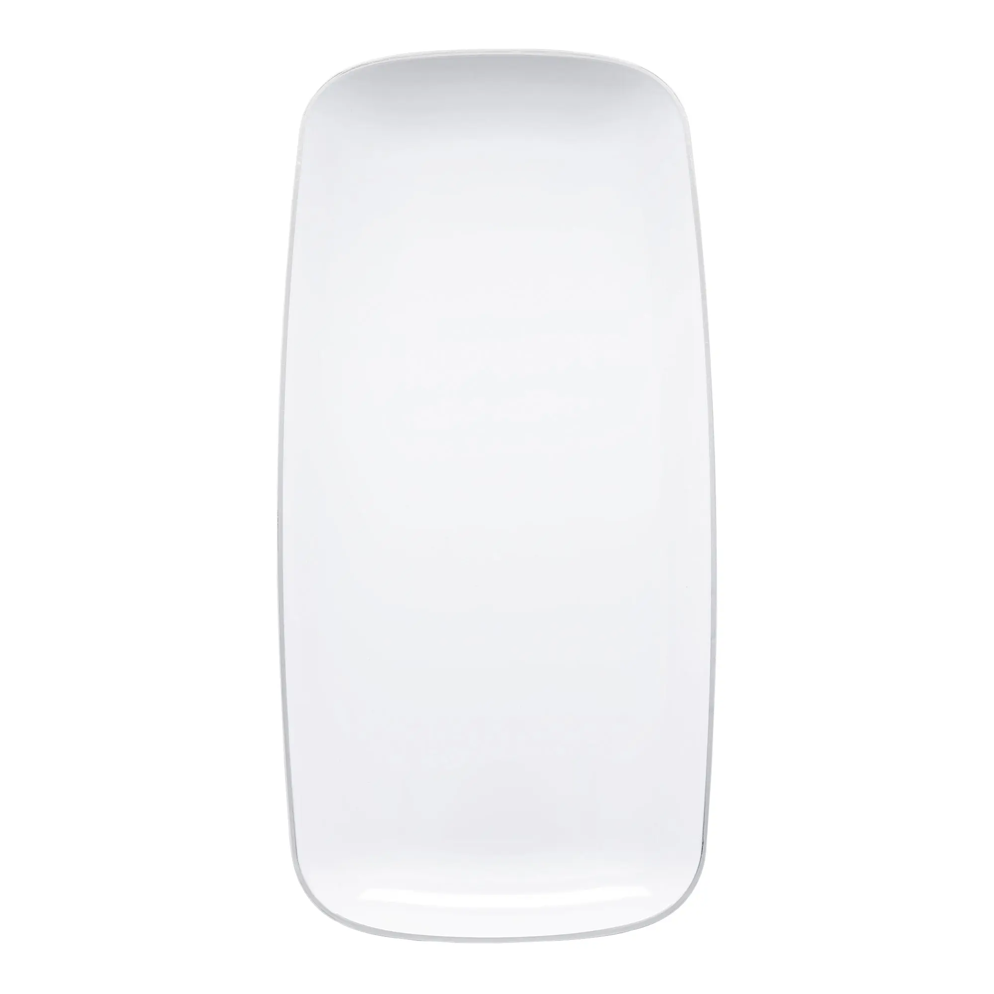 White with Silver Rim Flat Raised Edge Rectangular Disposable Plastic Plates (10.6" x 5")