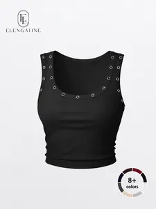 Women's Ribbed Crop Tank Top – Grommet Detail Scoop Neck, Slim Fit Stretch Fabric, Y2K Street Style, Perfect for Casual/Night Out/Festival Looks, Easy to Pair with Jeans or Cargo Pants