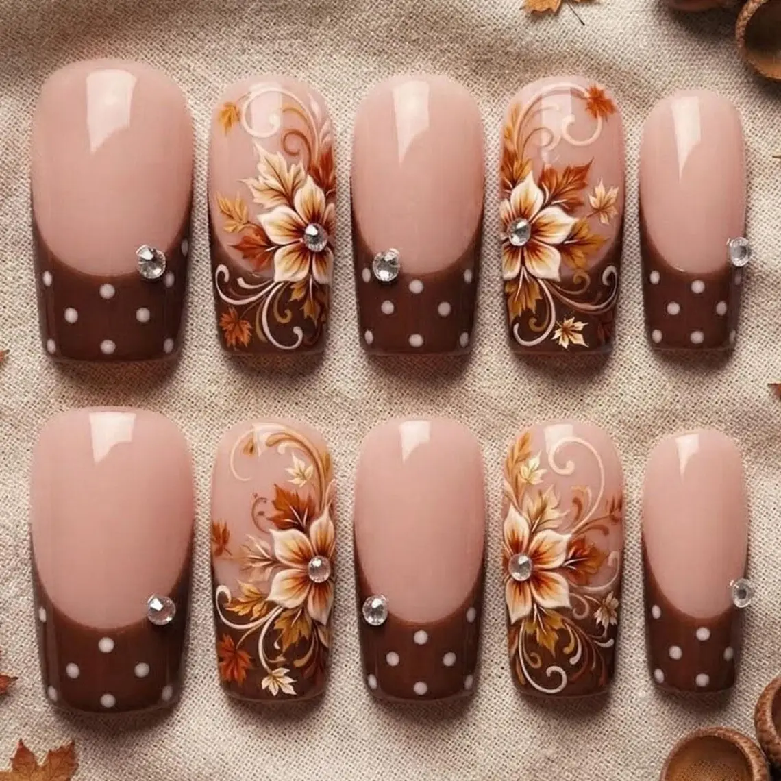 Handmade Fall Press On Nails / Brown French Tip Nails / Autumn Floral Nail Art / Fall Flower Nails / Thanksgiving Fake Nails