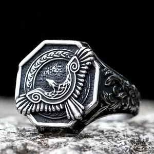 New 316L Stainless Steel Norse Mythology Flying Eagle Viking Ring, Unisex Amulet Costume Jewelry for Men and Women