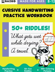 Cursive workbook for kids ages 8–12, learn cursive by tracing, connecting words, and writing riddles! Over 150 pages of fun practice!