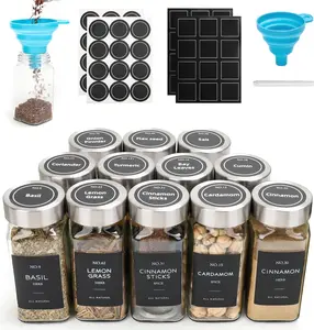 12 Pcs Glass Spice Jars with Lids, 4oz spice jars with label, seasoning containers Set, Comes with spice bottle caps, Silicone Collapsible Funnel,chalk, for Spice Rack, Cabinet, Drawer